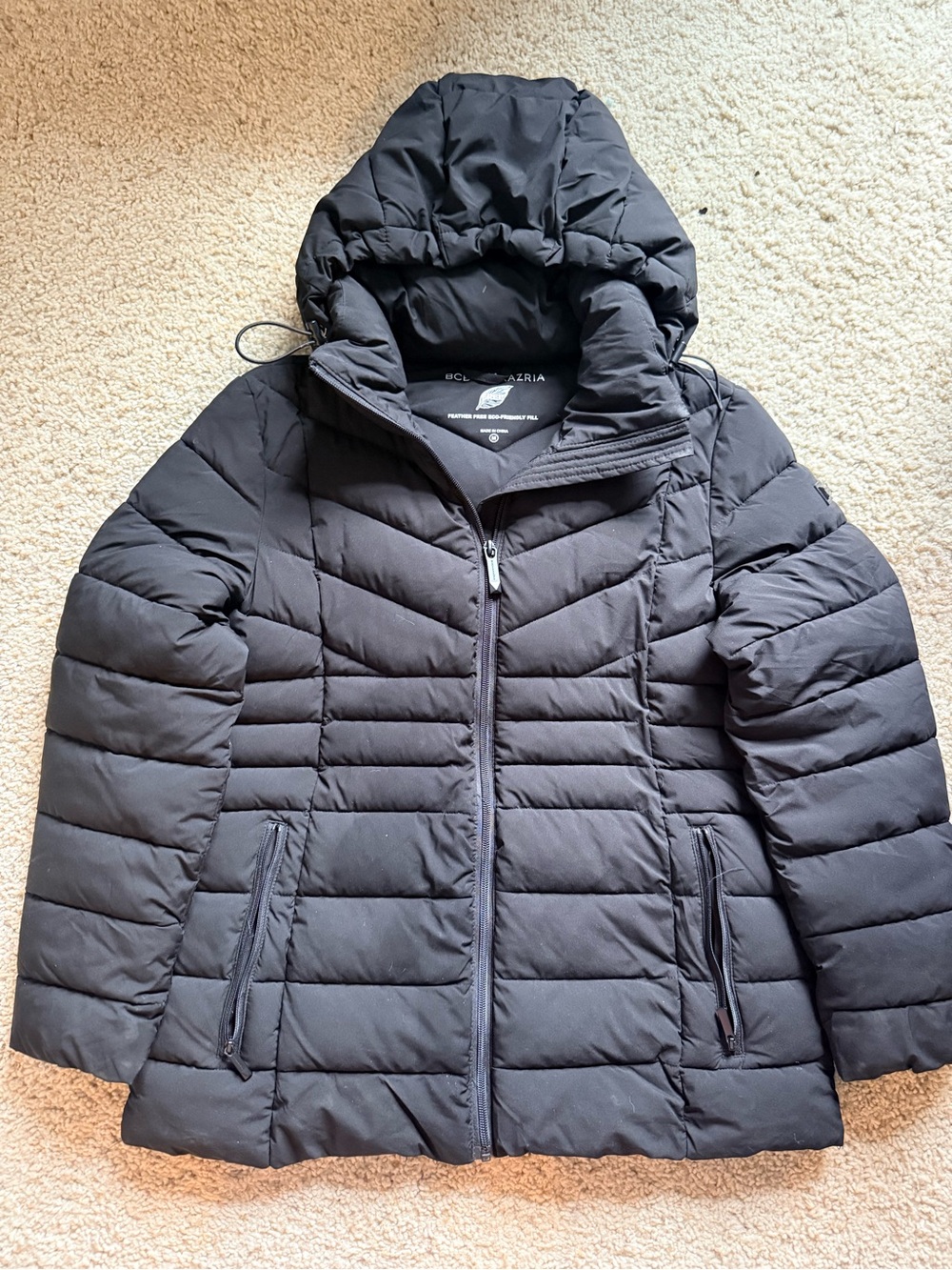 BCBGMAXAZRIA Women’s Hooded Puffer Jacket Black Coat Size M Eco Fill